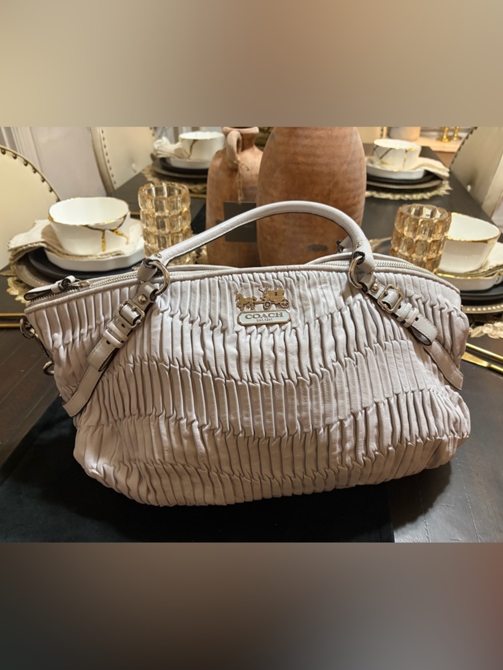 COACH Gray Pleated Leather Satchel with Gold Hardware
